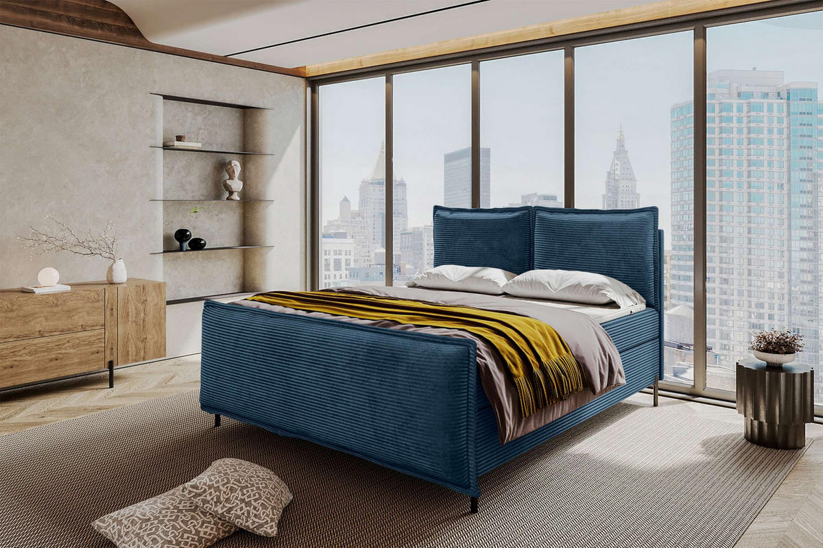 BOXSPRINGBETT VERO PLUS Cordstoff Blau 140/200 cm - Blau/Schwarz, Holzwerkstoff/Textil (140/200cm) - 99rooms