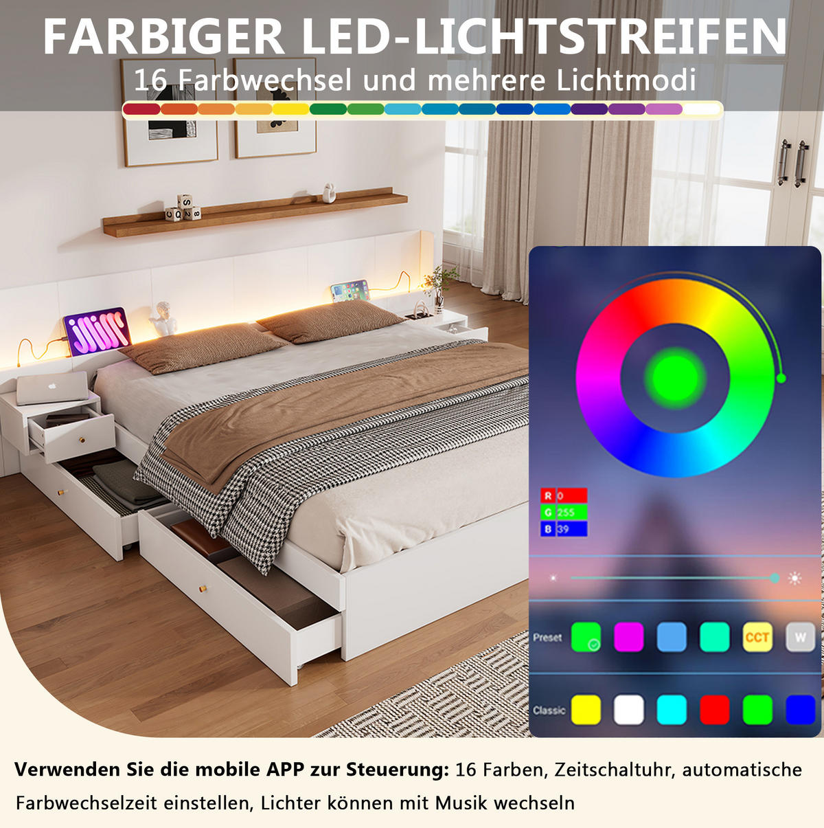 KINDERBETT aus MDF 180x200 cm Weiß mit USB, Steckdose, LED-App-Steuerung und Stauraum - Weiß, Holzwerkstoff (180/200cm) - Modfu