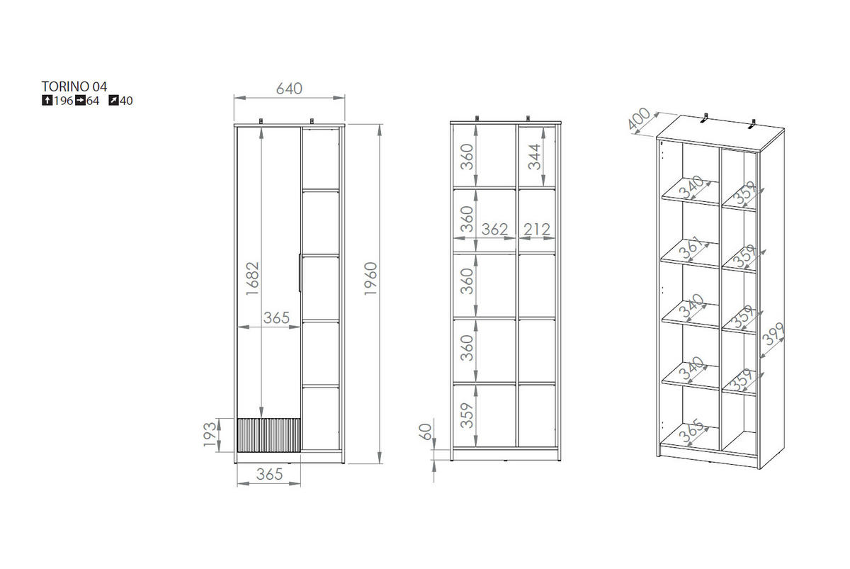 KLEIDERSCHRANK Torino Weiß / Eiche Castello / Graphit 64 / 40 / 196cm - Weiß, Holz/Holzwerkstoff (64/196/40cm) - Feldmann-Wohnen