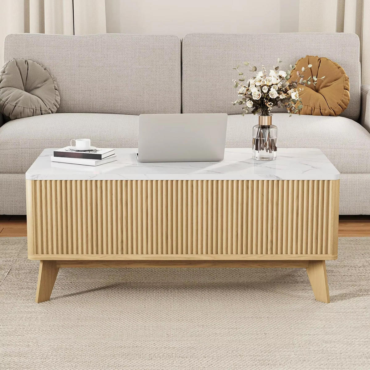 COUCHTISCH 105x42x53 Lift-Top Marmoroptik Eiche Stauraum - Eichefarben, Holz (105/53/42cm) - Kaket