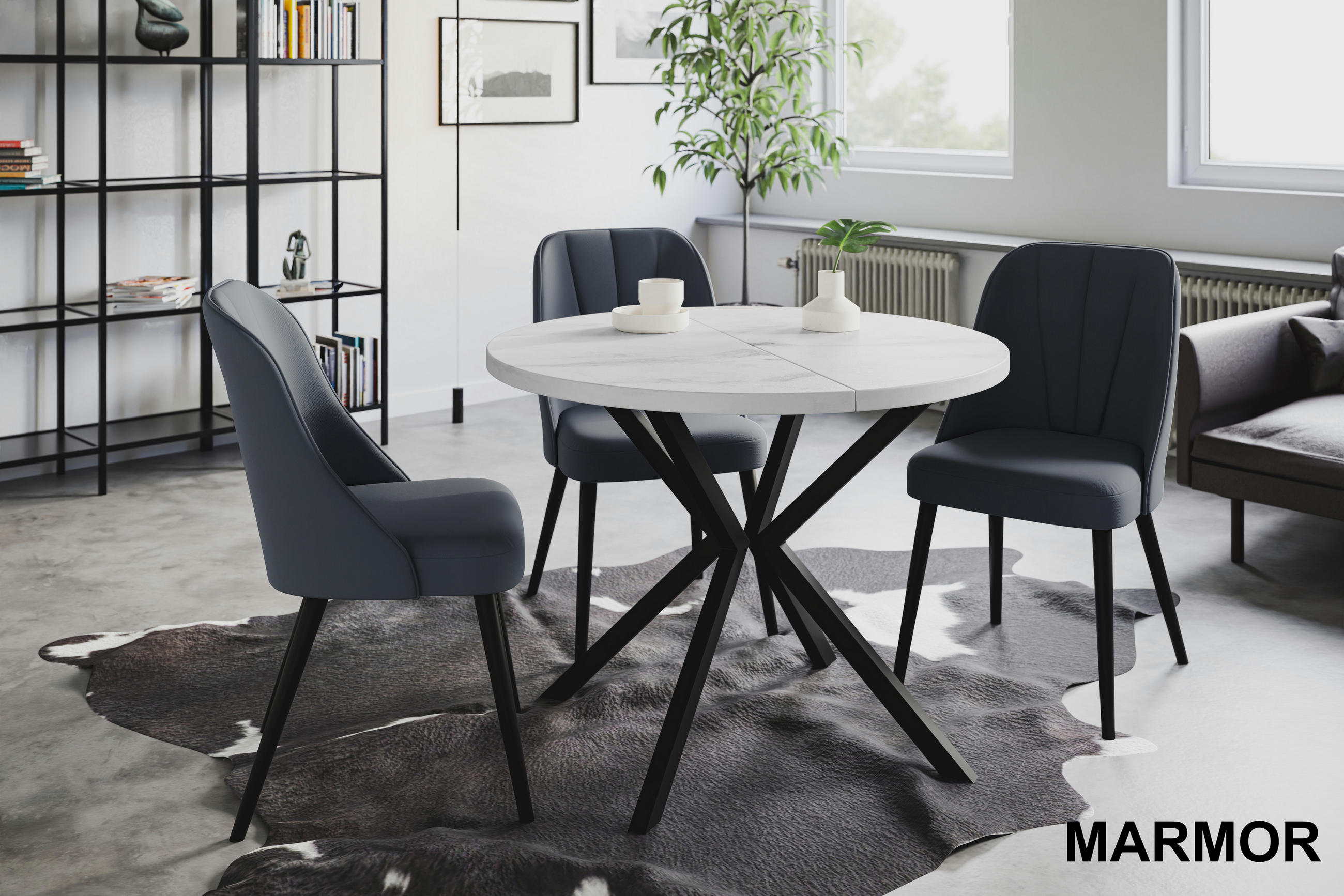 ESSZIMMERTISCH LOFT LITEN, ausziehbarer Tisch 120 cm/200 cm, Farbe: Marmur, mit Metallbeinen in Farbe Schwarz - Hellgrau/Schwarz, Holzwerkstoff (120/120/76cm) - Alpi-Möbel