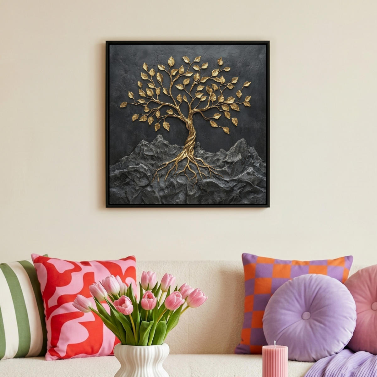 LEINWAND Bilder mit Rahmen - Blätter - Gold - Baum - Fels - 50x50 - Schwarz, Textil (50/50cm) - MuchoWow