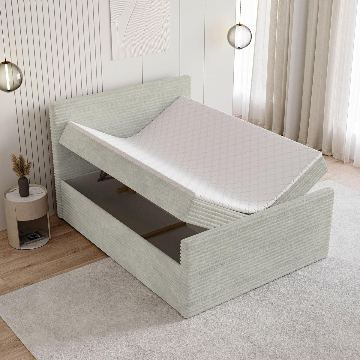 BOXBETT NOLEN 180x200 cm mit Matratze und Topper - Hellgrau - Hellgrau, Holz (180/200cm) - MASSENO