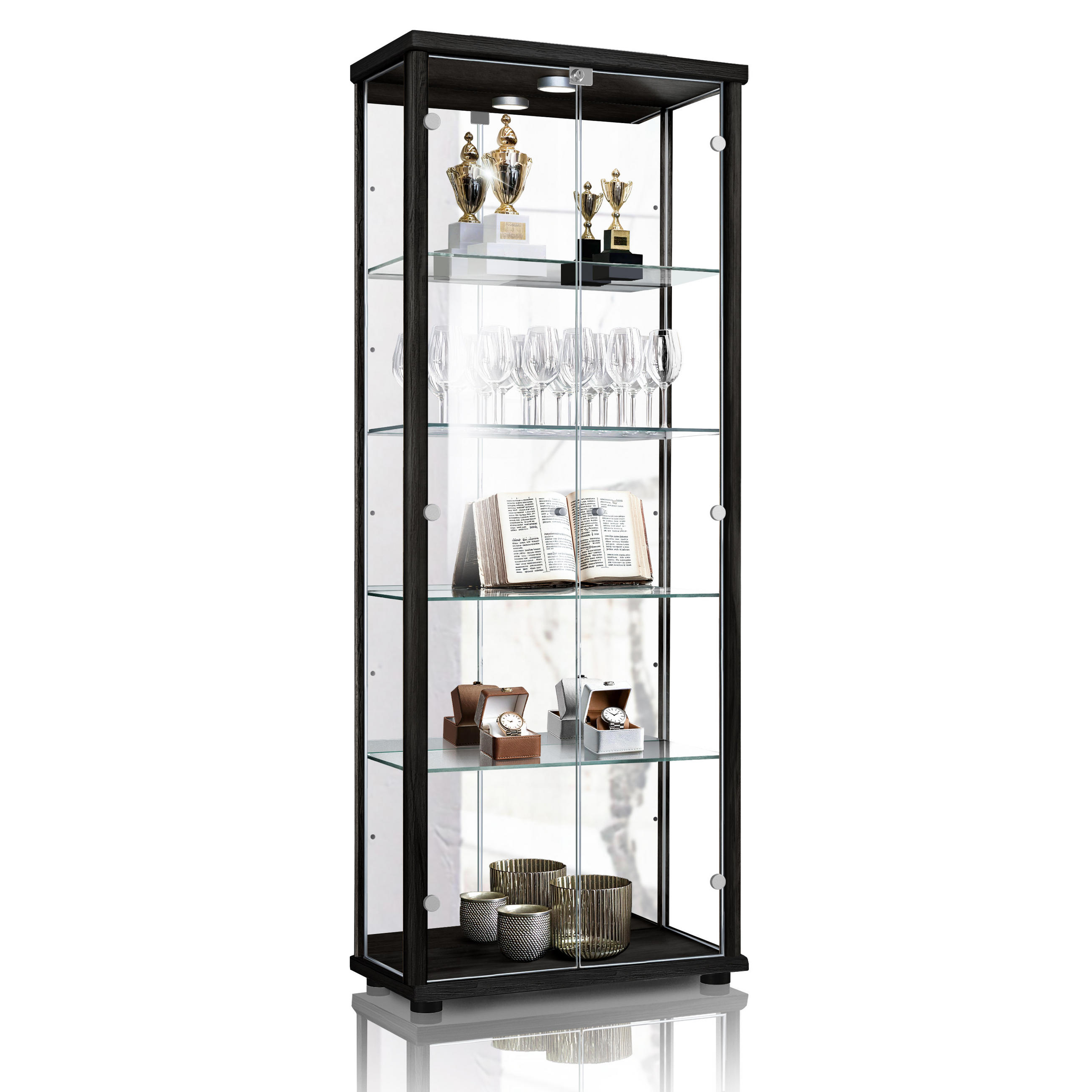 GLASVITRINE 33/67/176 cm mit Spiegel, LED, Schloss & 4 höhenverstellbaren Glasböden - Transparent/Silberfarben, Glas/Holzwerkstoff (67/176/33cm) - K-Möbel