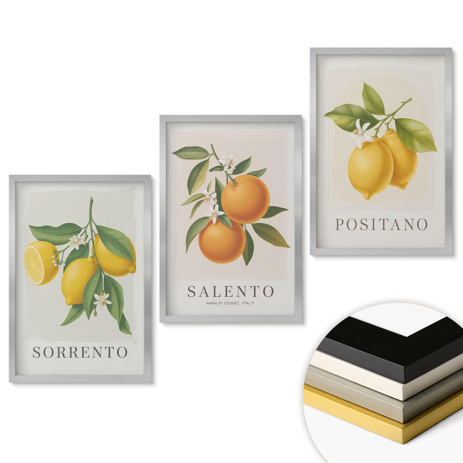 WANDBILDER 3er Set - 40x60 cm Silberner Rahmen - Amalfi-Zitronen und -Orangen - Silberfarben, Kunststoff (40/60cm) - ArtPrintCave