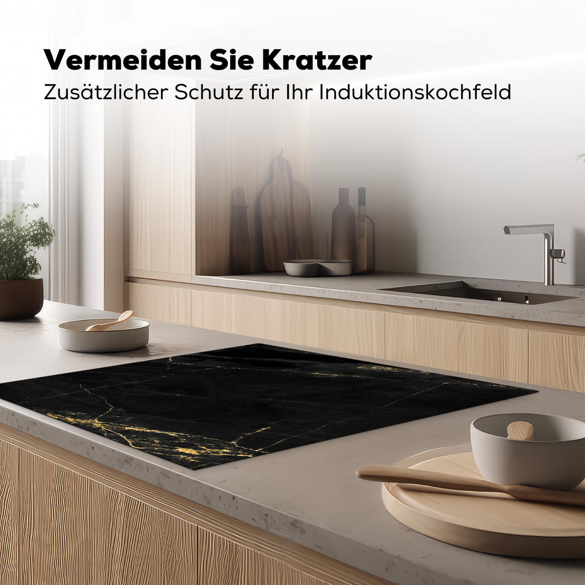 HERDABDECKPLATTE Marmor - Schwarz - Gold - Chic - Marmoroptik - Design Induktionsmatte 78x78 cm - Schwarz, Kunststoff (78/78/0.2cm) - MuchoWow