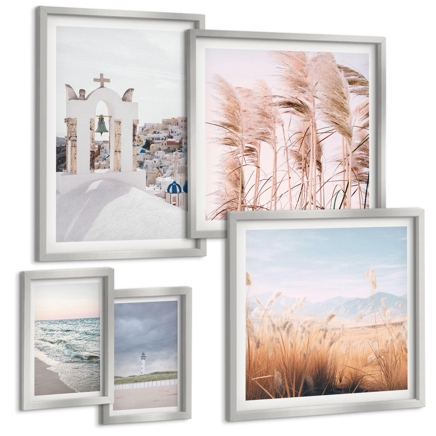 BILDER SET 5er Set - 50x50 cm & 20x30 cm & 40x60 cm Silberner Rahmen - Pflanzen, Meereswellen, Aussicht, Häuser - Silberfarben, Kunststoff (40/60cm) - TULUP