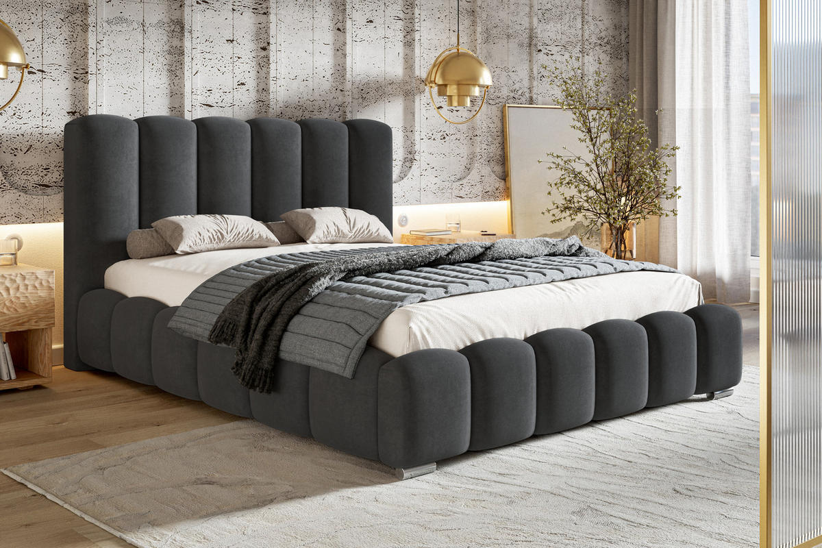 POLSTERBETT 140x200 Pearl, Samtstoff, Bettkasten, Lattenrost, Dunkelgrau - Dunkelgrau, Holz/Textil (140/200cm) - Emporius