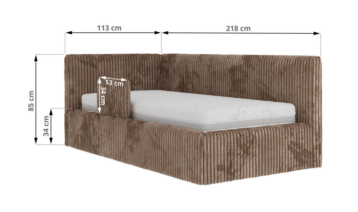 POLSTERBETT TILVO ALTA 90/200 - Braun Cord - Taschenfederkernmatratze - Rechts - Braun, Textil (200/90cm) - MKS