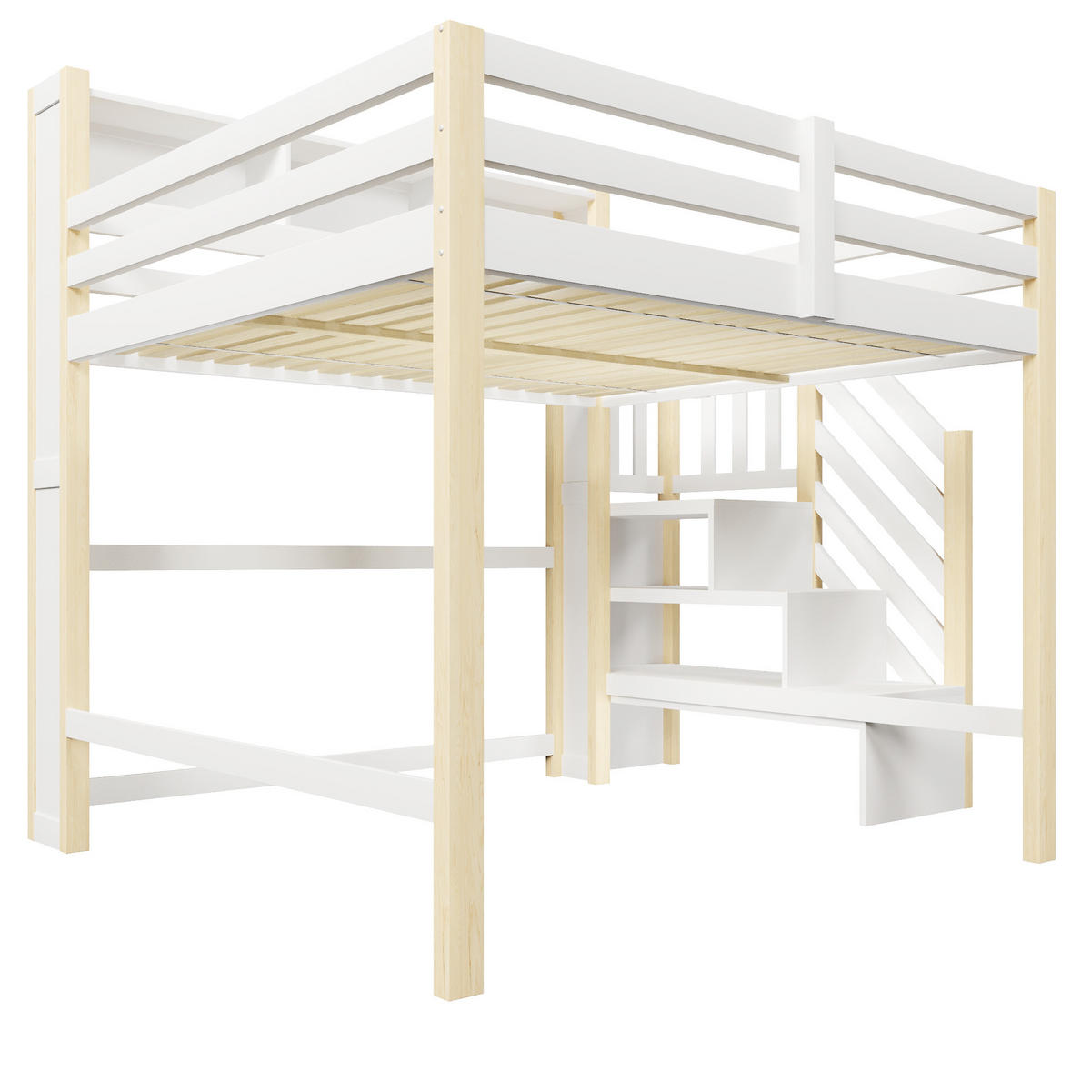 HOCHBETT 140/200 cm in Weiß & Natur mit LED, Stauraum und Ablageleiter - Weiß/Naturfarben, Holz/Holzwerkstoff (140/200cm) - CHICFURN