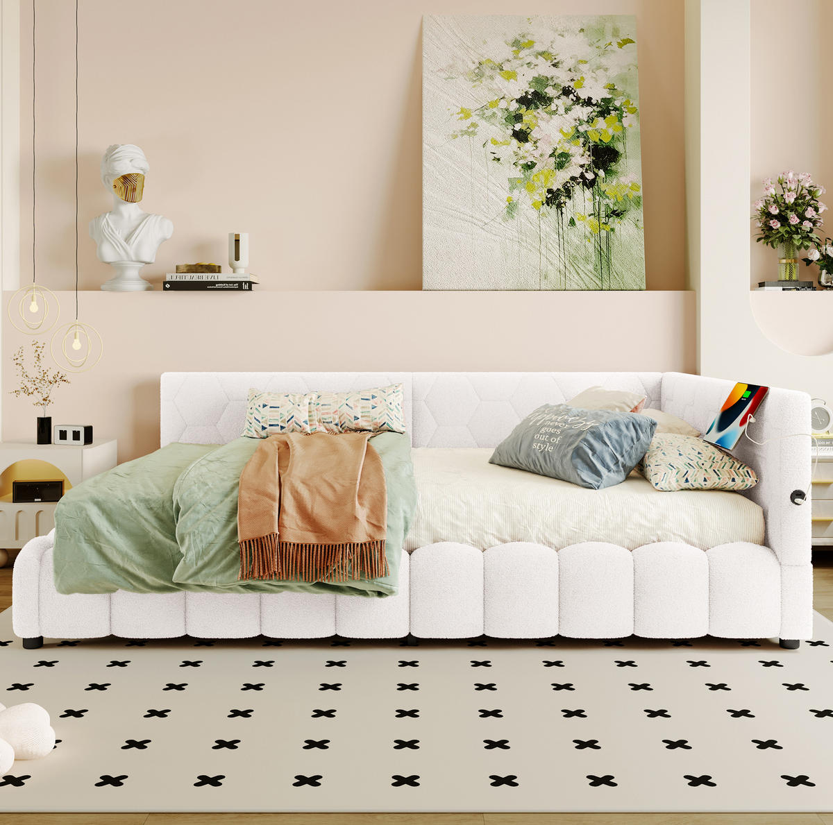 DENNÍ postel 140/200 cm bílá z MDF a sametové látky s LED osvětlením a úložným prostorem - bílá, textil (140/200cm) - OKWISH