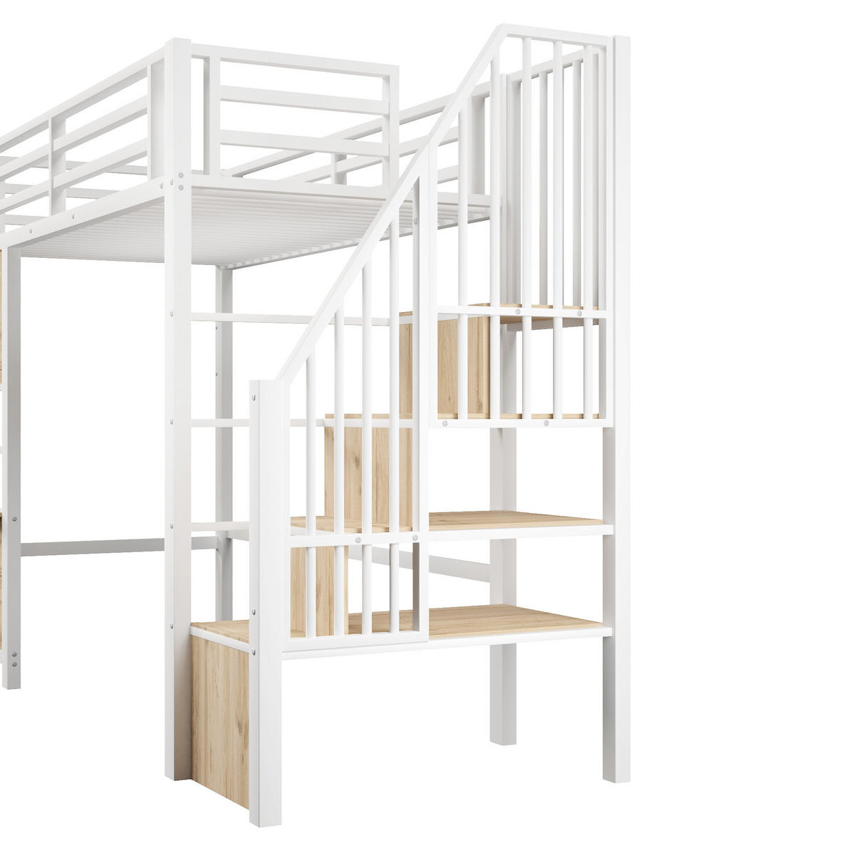 HOCHBETT 90/200 cm Weiß mit Stauraumtreppe und offener Stauraum - Weiß, Metall (90/200cm) - Oxeza