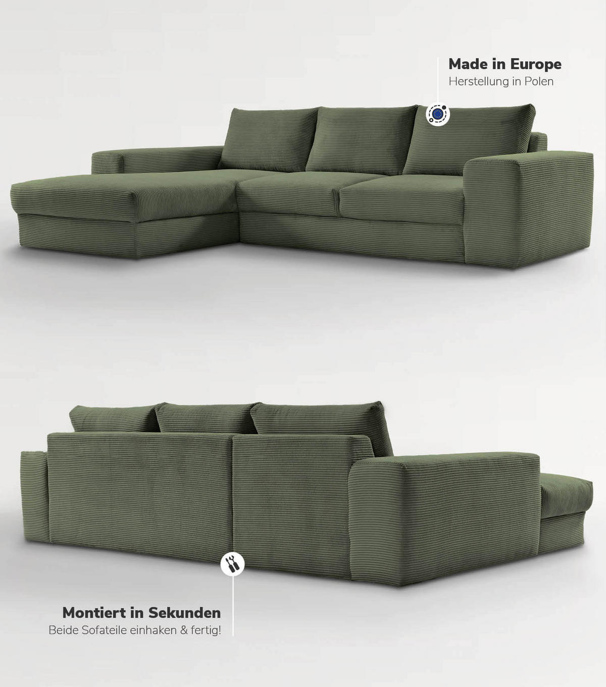 ECKSOFA Der Klassiker Recamiere links - Mintgrün, Textil (280/190cm) - Mokebo