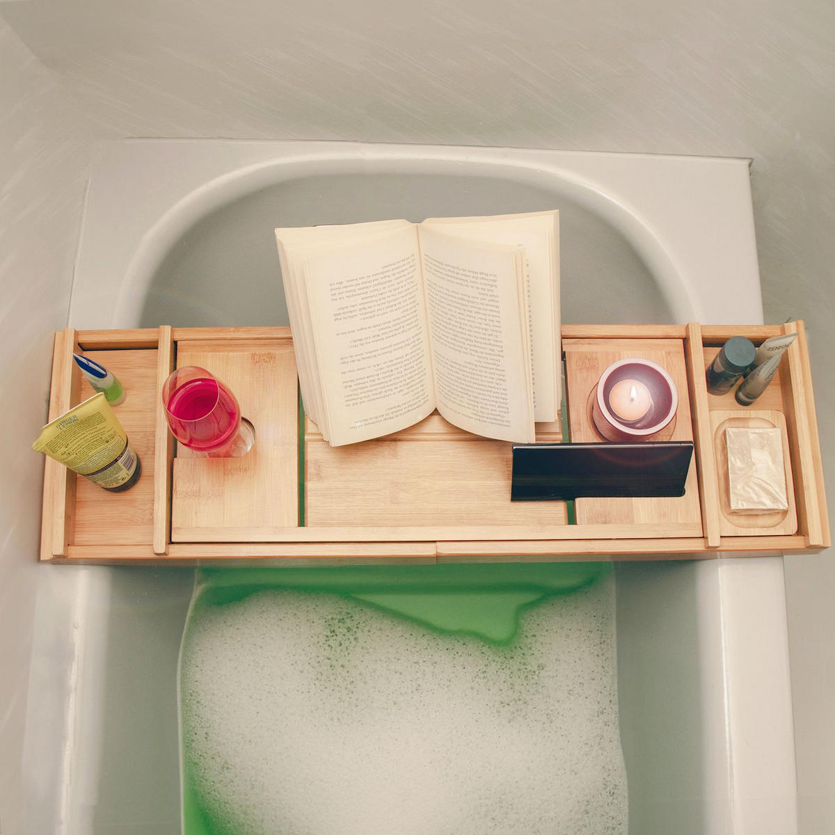BADEWANNENTABLET mit Seifenschale - Braun, Naturmaterialien (23/4.5/75cm) - Intirilife