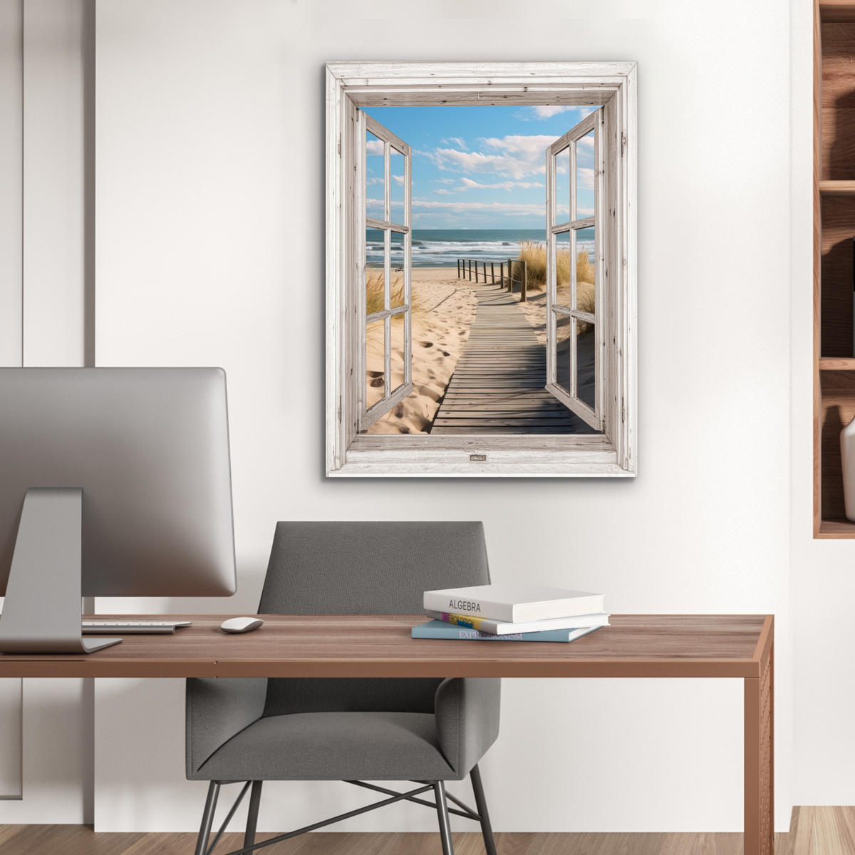 KOVOVÝ OBRAZ Okno - more - pobrežie - príroda - výhľad - pláž - Waddenské more 60x80 cm - béžová, kov (60/80cm) - MuchoWow
