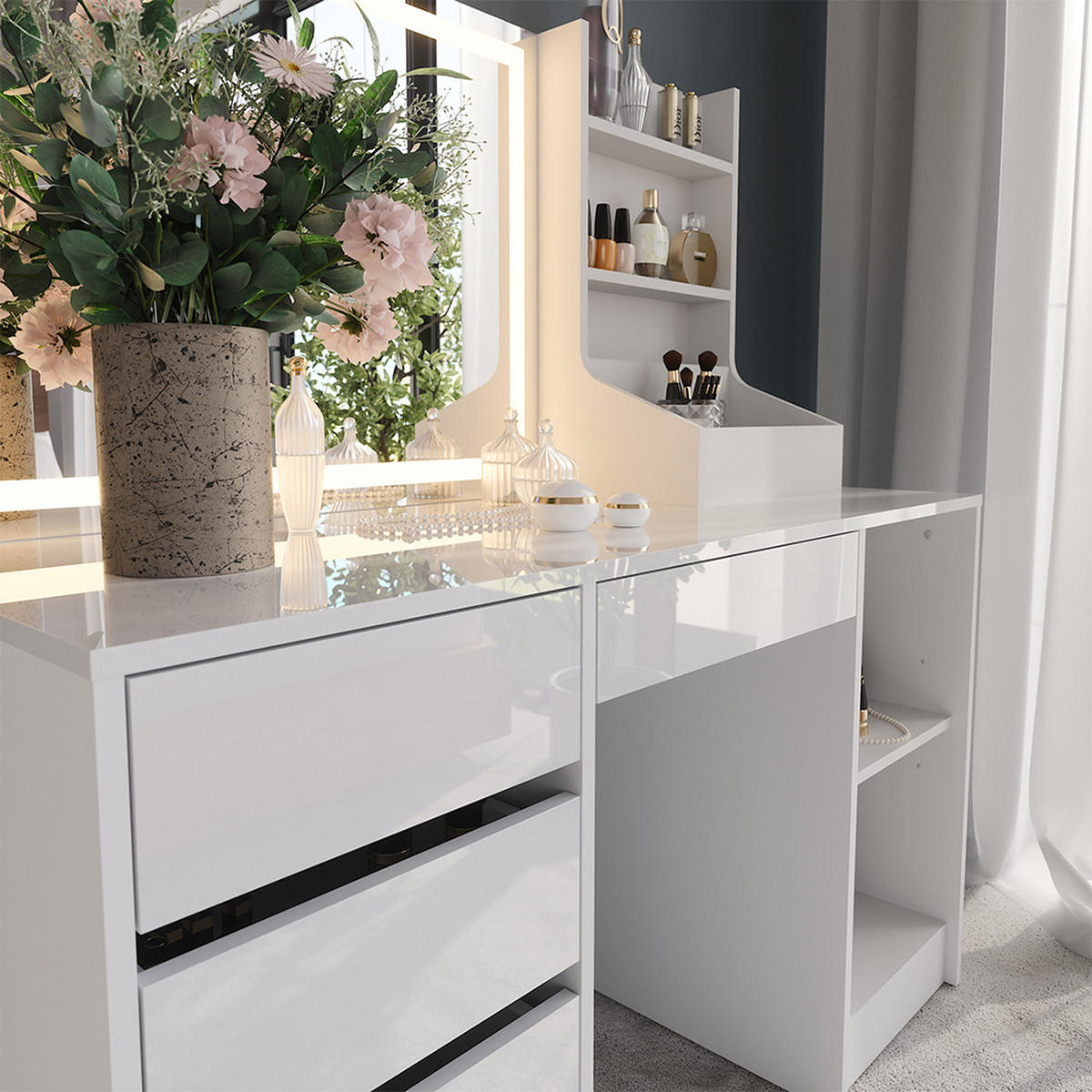 SCHMINKTISCH Sherry Weiß/Weiß Hochglanz 128.2 cm 3 Teile - Weiß Hochglanz, Holzwerkstoff (128.2/76/50.1cm) - Vicco