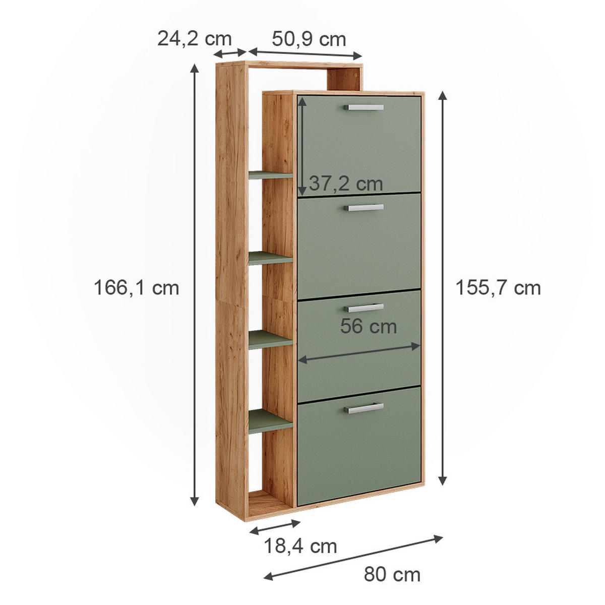 SCHUHKIPPER Orlando Goldkraft Eiche/Grün 80 x 166.1 cm mit 4 Fächern - Eichefarben/Grün, Holzwerkstoff (80/166.1/24.2cm) - Vicco