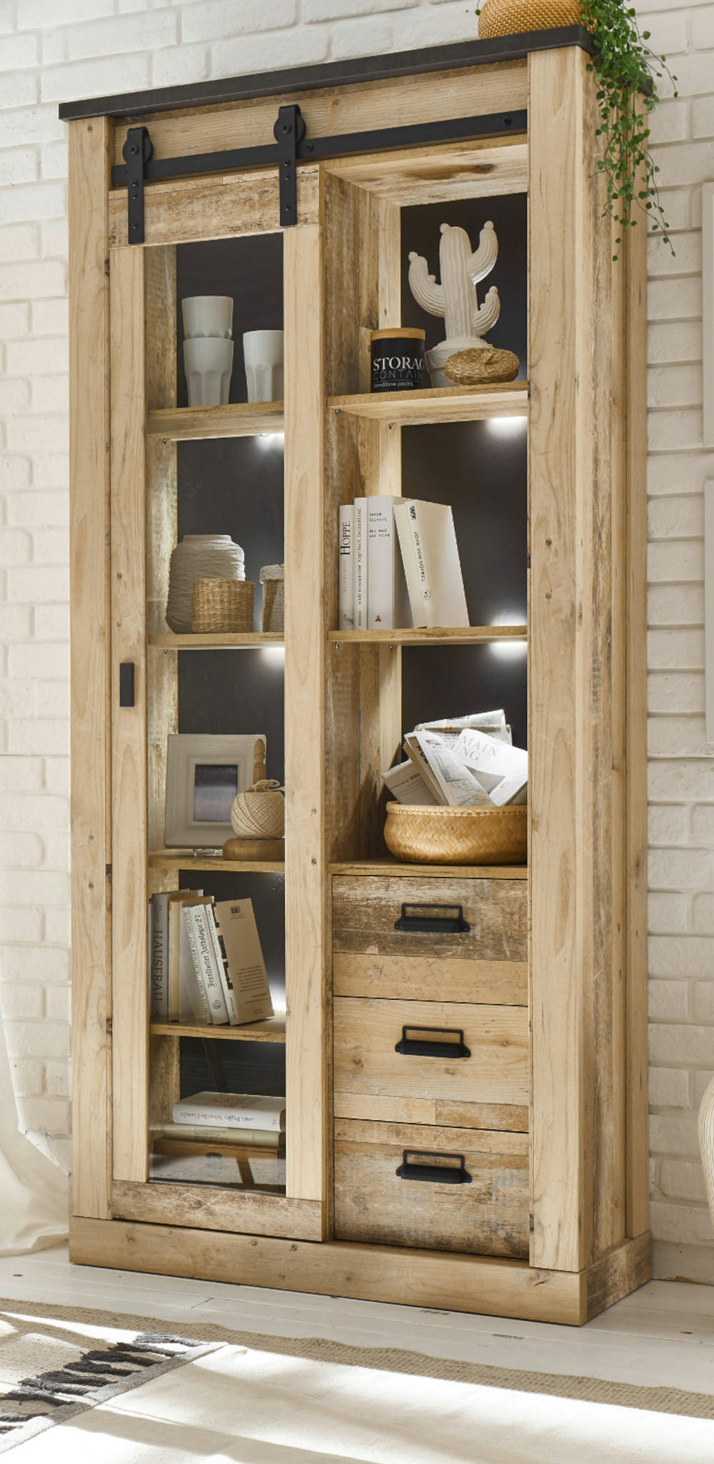 VITRINE Used Wood hell, anthrazit, Vitrinenschrank mit Schiebetür - Anthrazit/Schwarz, Glas/Holzwerkstoff (93/201/38cm) - Furn.Design