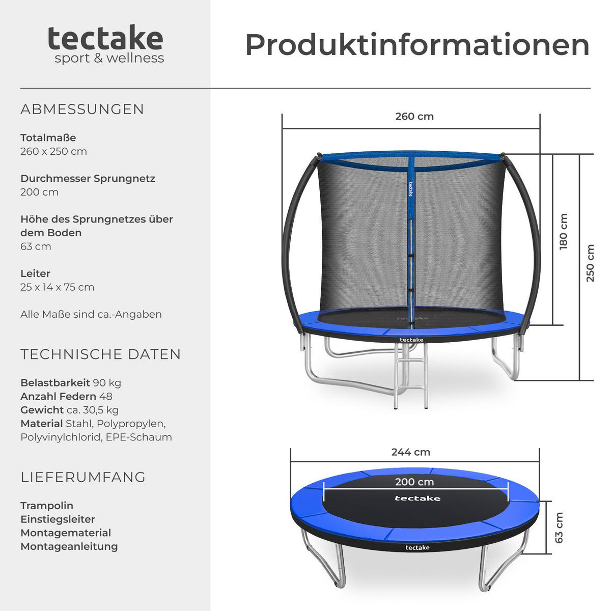 TRAMPOLIN Jumpy, inklusive Einstiegsleiter, schwarz/blau - Blau/Schwarz, Metall (260/250/260cm) - tectake