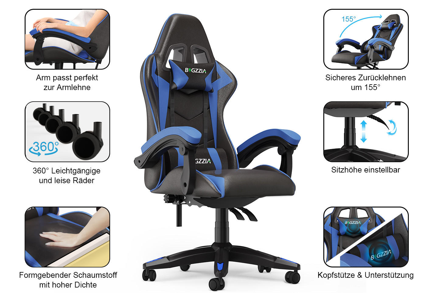 GAMING-STUHL ergonomisch, verstellbare Rückenlehne, Kissen – Blau - Blau, Leder (59/120/56cm) - Rattantree
