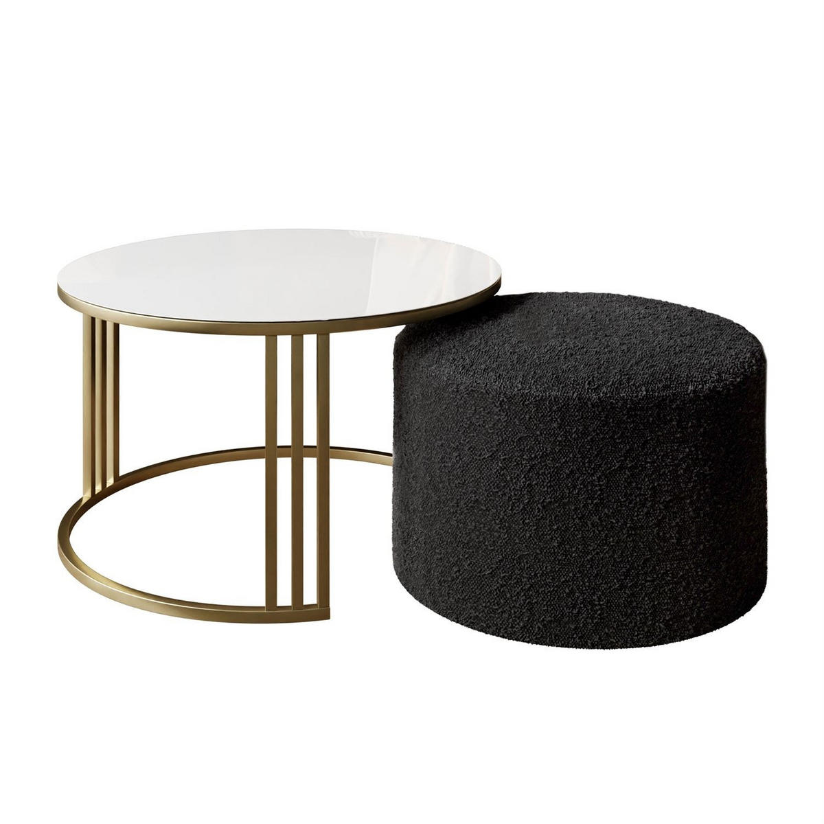 COUCHTISCH mit Hocker LORI GLASS gebürstetes Gold/weißes Glas/Coral 60 - Weiß, Metall (70/70/49cm) - Lookway