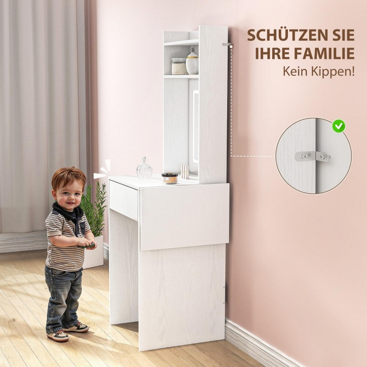 SCHMINKTISCH 45/45/152 cm mit LED-Spiegel, klappbarer Ablage und Schublade aus MDF/Spanplatte, Weiß - Weiß, Holz (45/152/45cm) - Redom