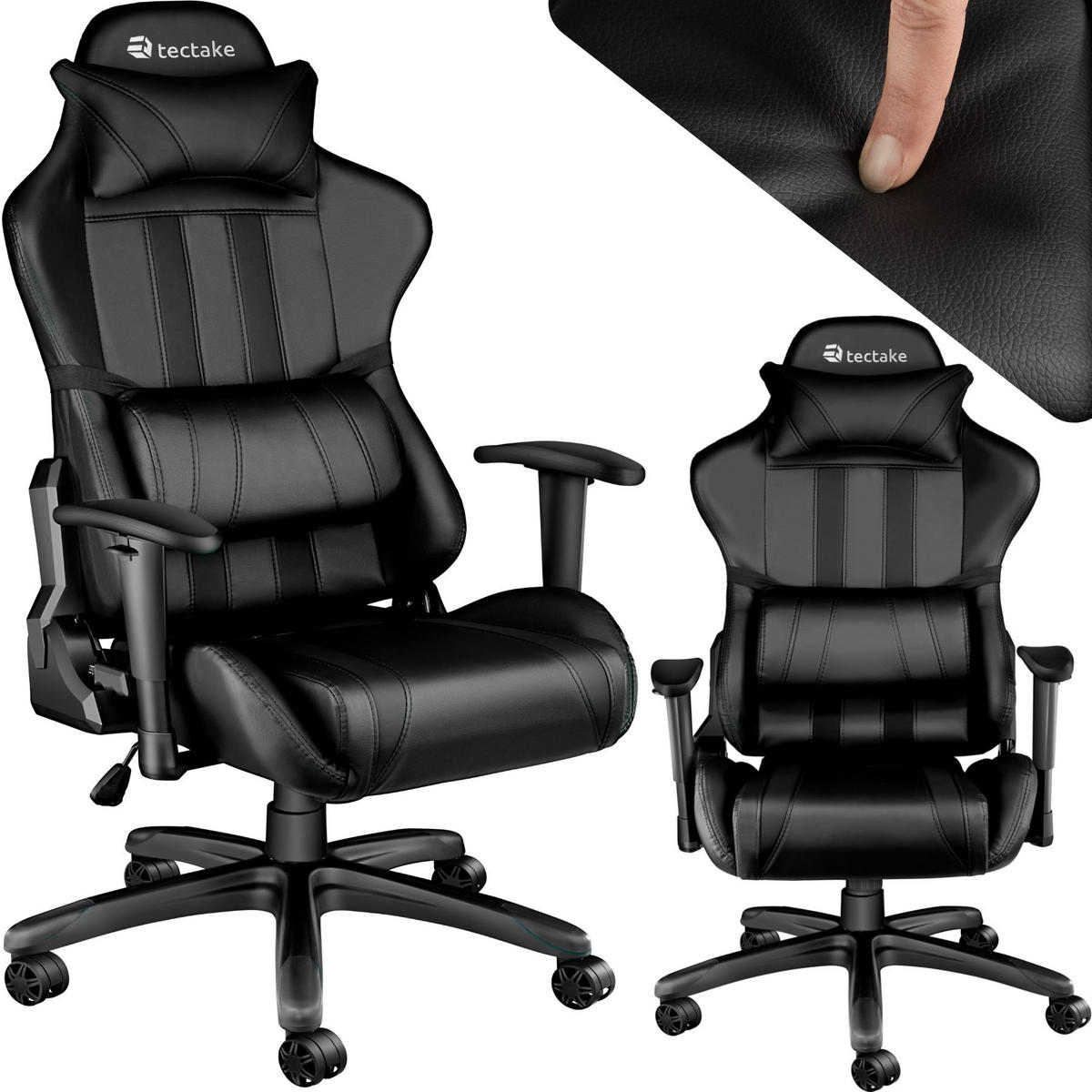 RACING GAMING STUHL ,Belastbarkeit 120 kg,schwarz - Schwarz, Leder (70/135.5/75cm) - tectake