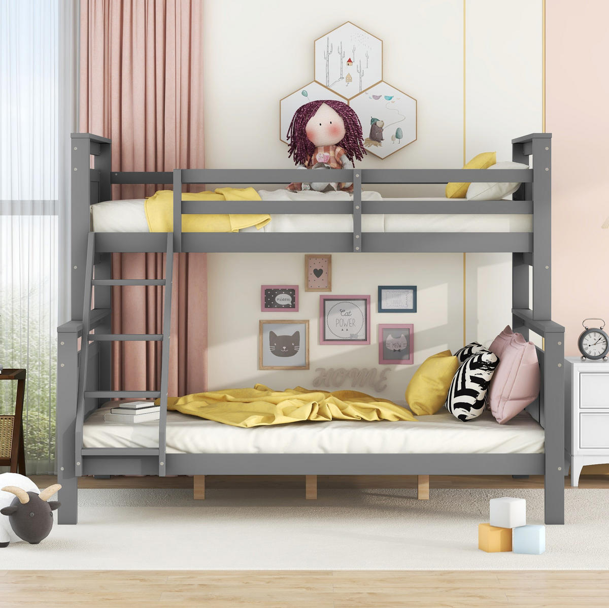 ETAGENBETT 90/140/200 cm aus Kiefernholz und MDF mit Leiter und Sicherheitsgeländer Grau - Grau, Holz (140/200cm) - Modenvie