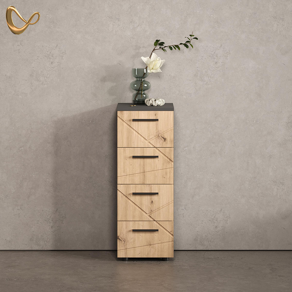 MIDI SKRINKA Ronco, antracitová/Remeselný dub, 30 x 81 cm so 4 zásuvkami - antracitová/dub artisan, kompozitné drevo (30/81/30cm) - Livinity®