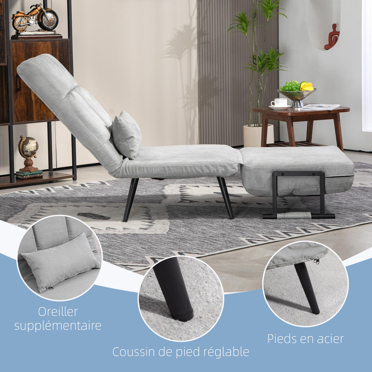 SCHLAFSESSEL 3-in-1 DE-14564 5-fach verstellbar mit Samtbezug Grau - Grau, Metall (71/97/71cm) - ComfortXL
