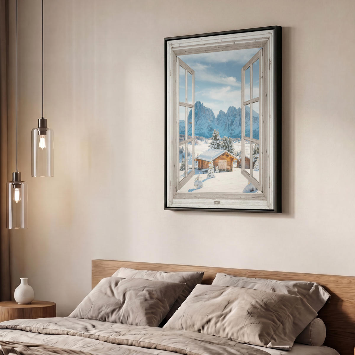 LEINWAND Bilder mit Rahmen - Winterlandschaft - Hütte - Berge - Ausblicke - Aussicht - Natur - 50x70 - Weiß Hochglanz, Textil (50/70cm) - MuchoWow