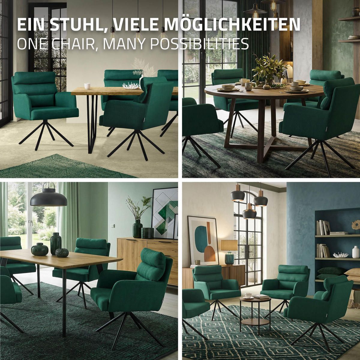 ESSZIMMERSTUHL 4er Set drehbar Dunkelgrün Stoffbezug - Dunkelgrün/Schwarz, Textil/Metall (64.5/93/64cm) - ML-DESIGN