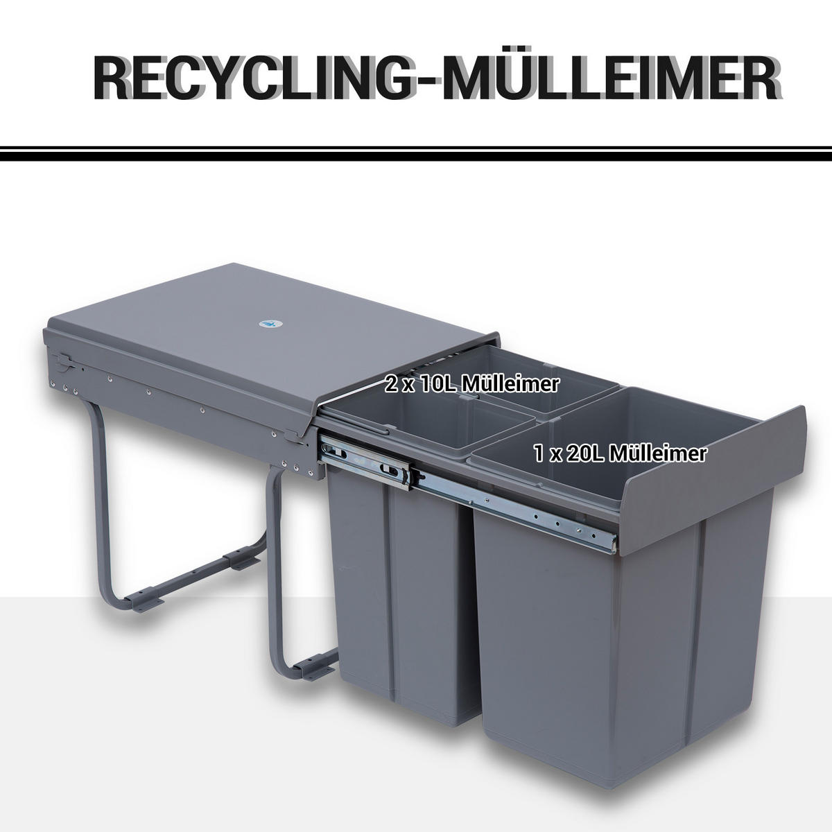 MÜLLEIMER DE-08953 3 Fächer (10+10+20 L), ausziehbar, Soft-Close Grau - Grau, Kunststoff (34.2/41.8/48cm) - ComfortXL