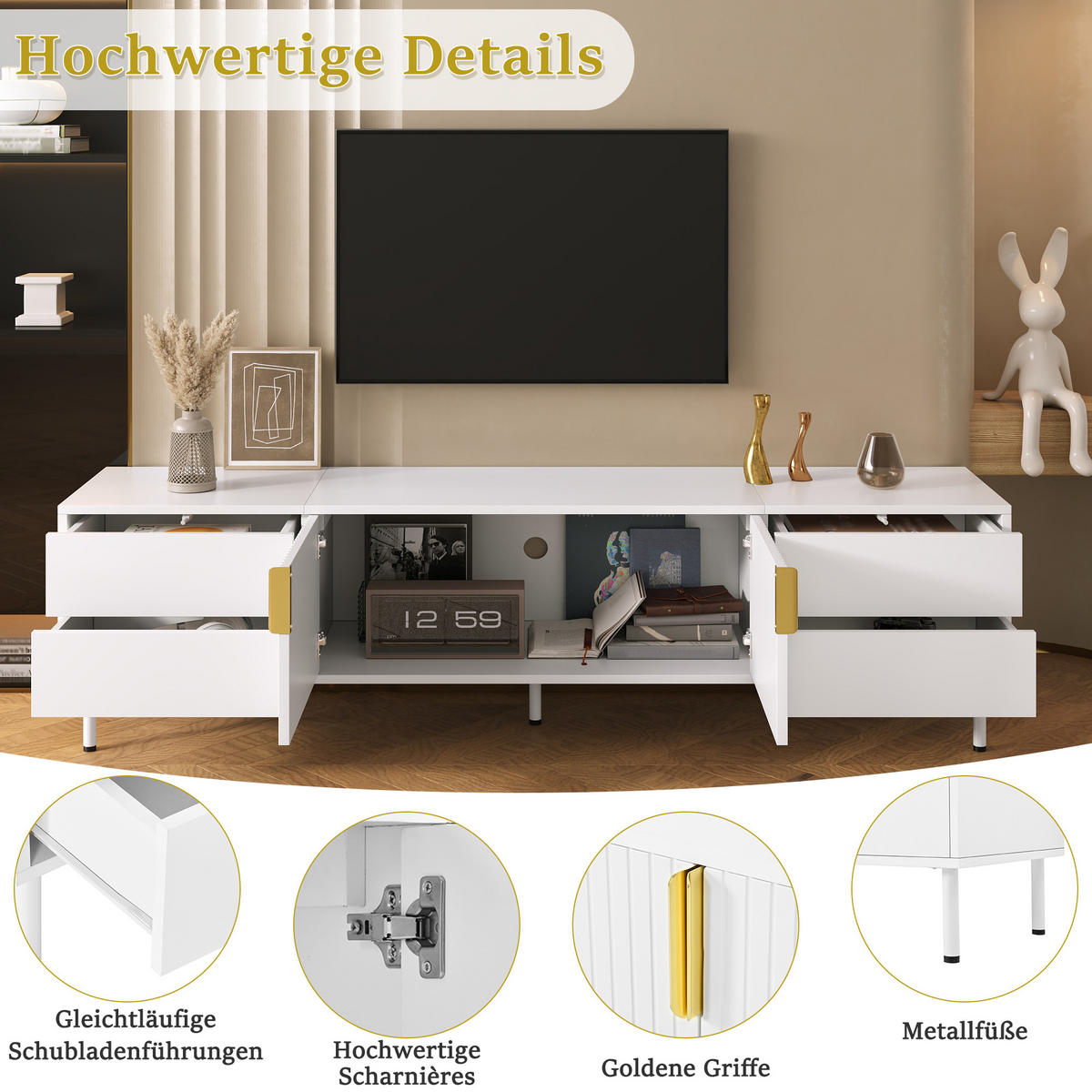 LOWBOARD DE-40166 mit Riffeltüren und Push-to-Open-Schubladen Weiß - Weiß, Holzwerkstoff (180/49.5/40cm) - ComfortXL