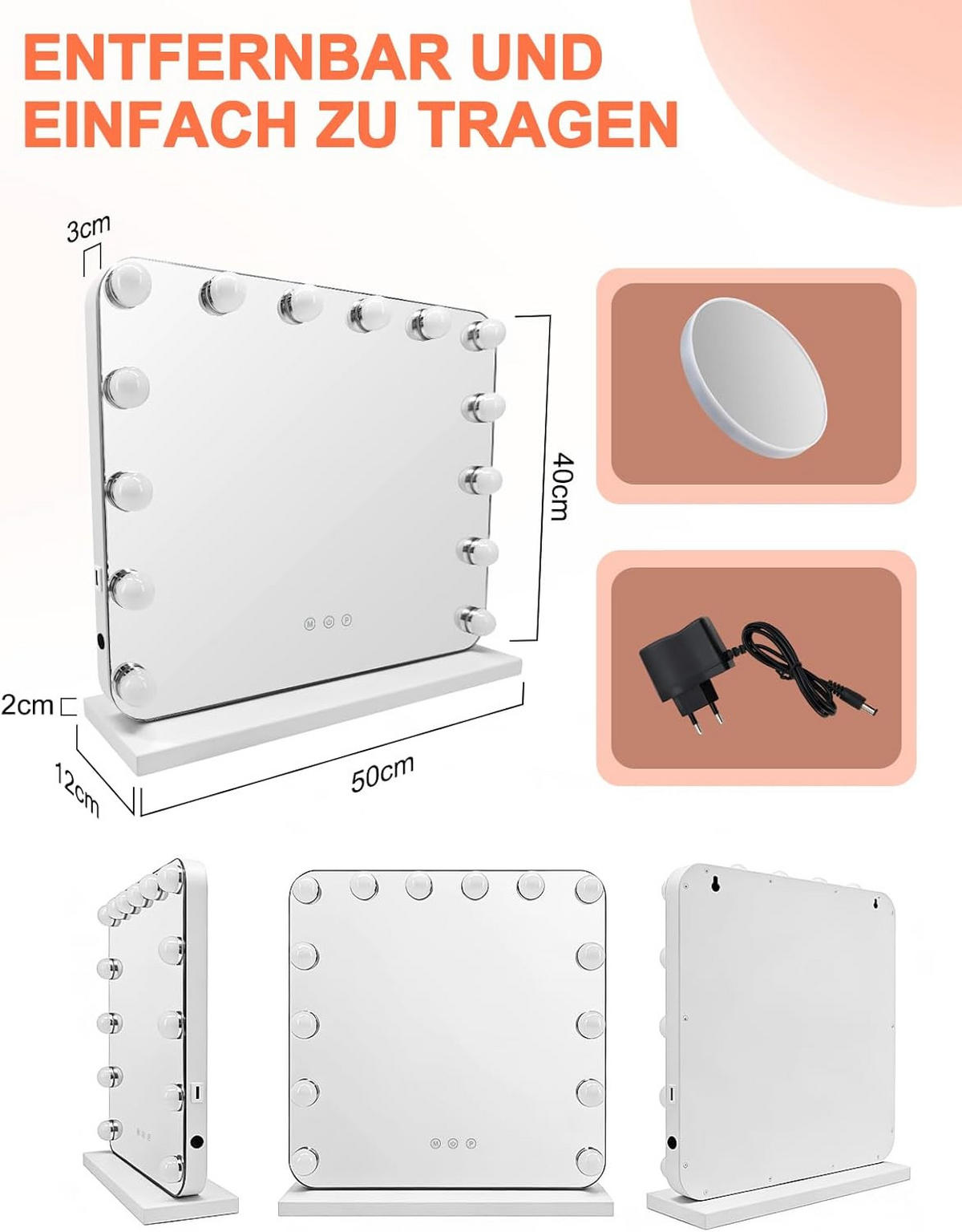 LED Schminkspiegel 12/50/40cm - Weiß, Glas (12/40/50cm) - Nettlife