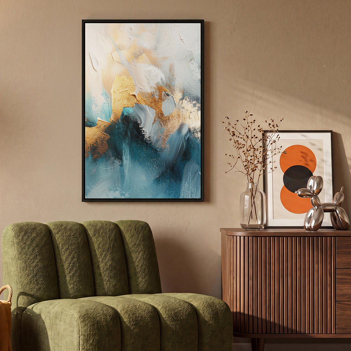 LEINWAND Bilder mit Rahmen - Abstrakt - Kunst - Gold - Blau - 60x90 - Petrol, Textil (60/90cm) - MuchoWow