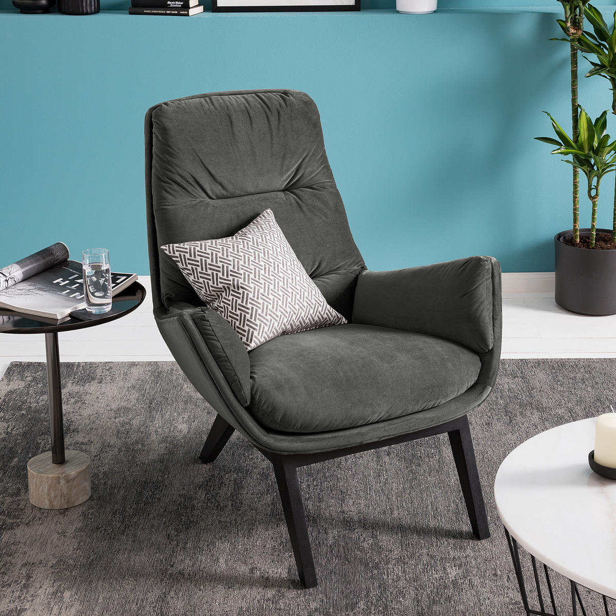 SESSEL mit Holzfüßen - Schwarz/Grün, Eichenholz/Textil (83/95/97cm) - home24