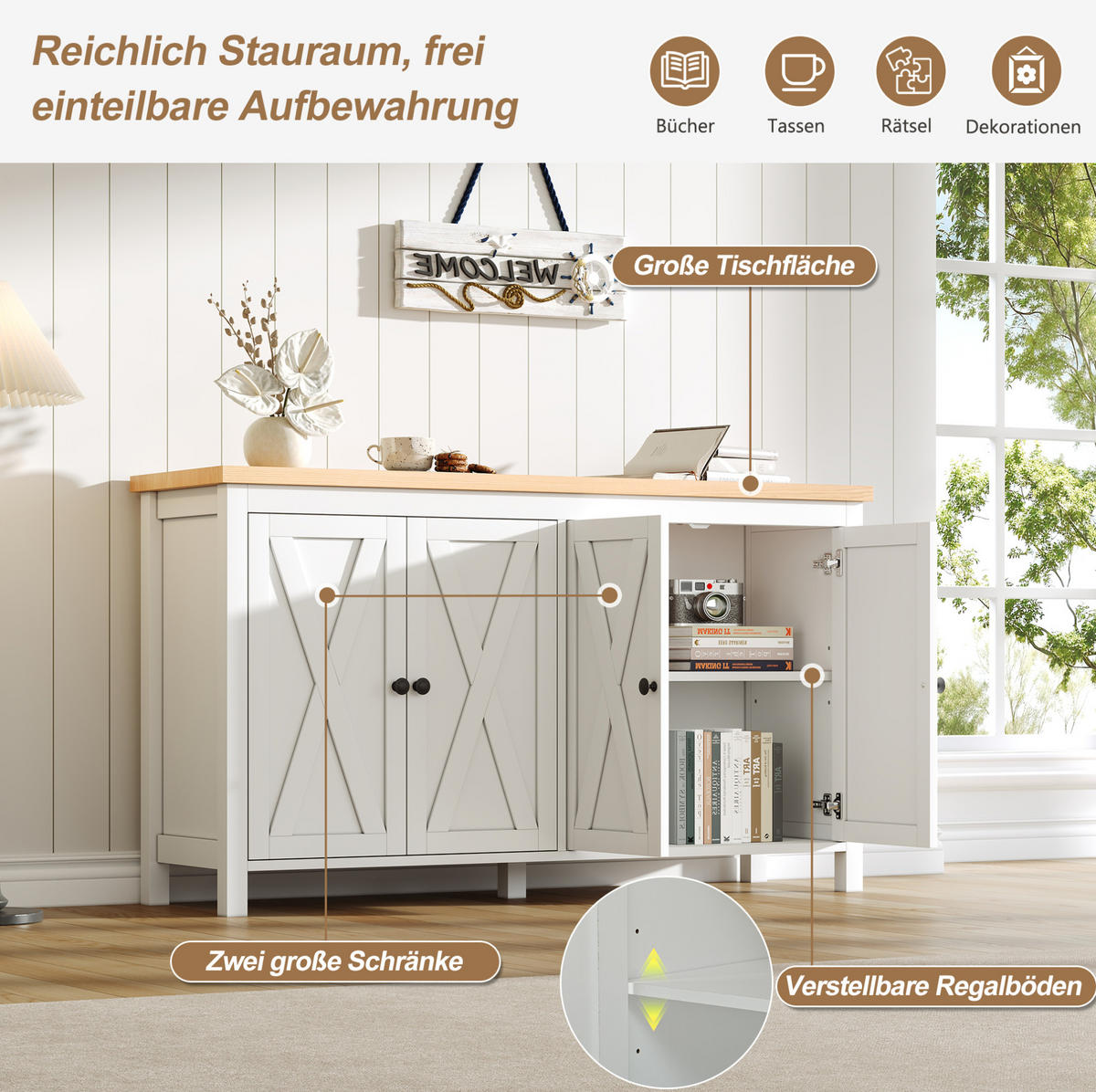 SIDEBOARD 140/40/78 cm weiß aus MDF mit 4 Türen - Weiß, Holzwerkstoff (140/78/40cm) - OKWISH