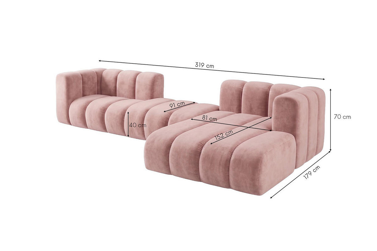 ECKSOFA Modulares In L-Form, Velvet-Stoff Riviera, Hellrosa, Rechts, GRAND 319 cm - Hellrosa, Holz (319/175cm) - Kaiser Möbel