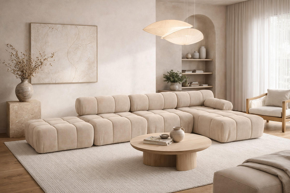 ECKSOFA L-Form XL, Stoff Velours Salvador, Beige, Rechts, Selia L XL - Beige, Holz (380/160cm) - Kaiser Möbel