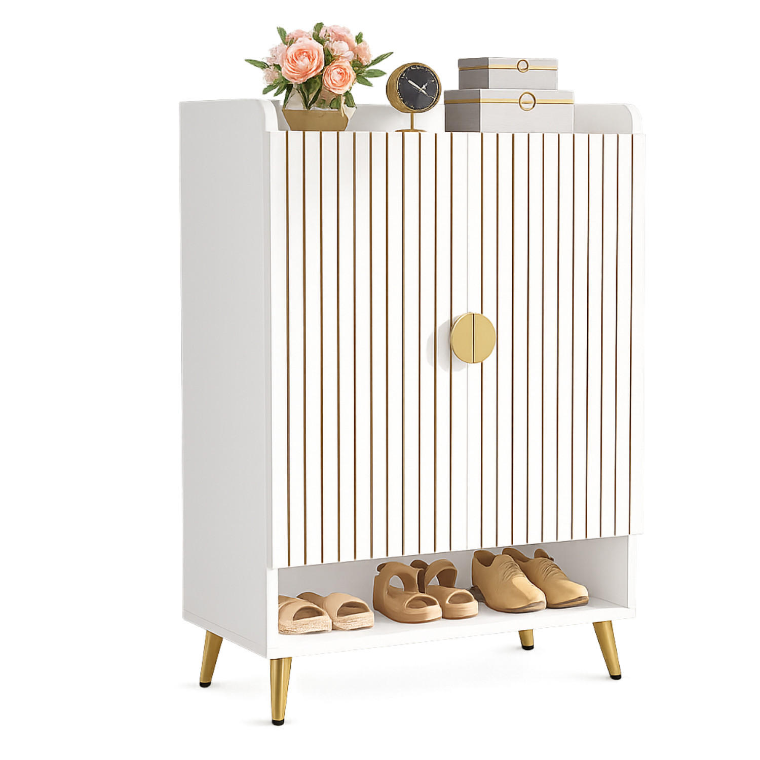 SCHUHSCHRANK Weiß 75/37/110 cm - Goldfarben/Weiß, Holzwerkstoff/Metall (73/110/37cm) - Quality Elegance