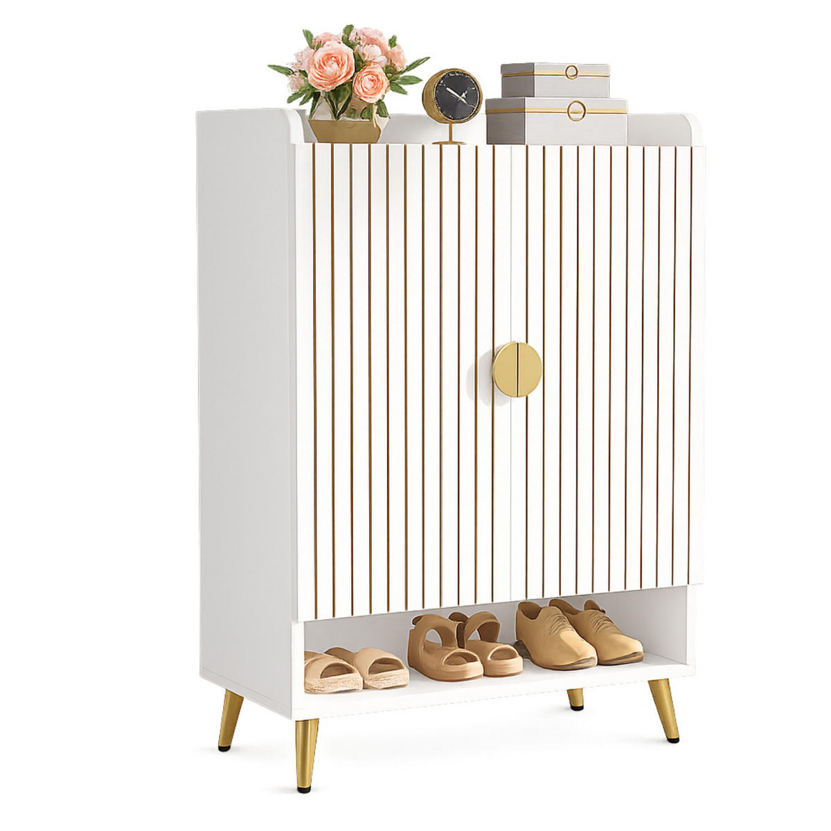 SCHUHSCHRANK Weiß 75/37/110 cm - Goldfarben/Weiß, Holzwerkstoff/Metall (73/110/37cm) - Quality Elegance