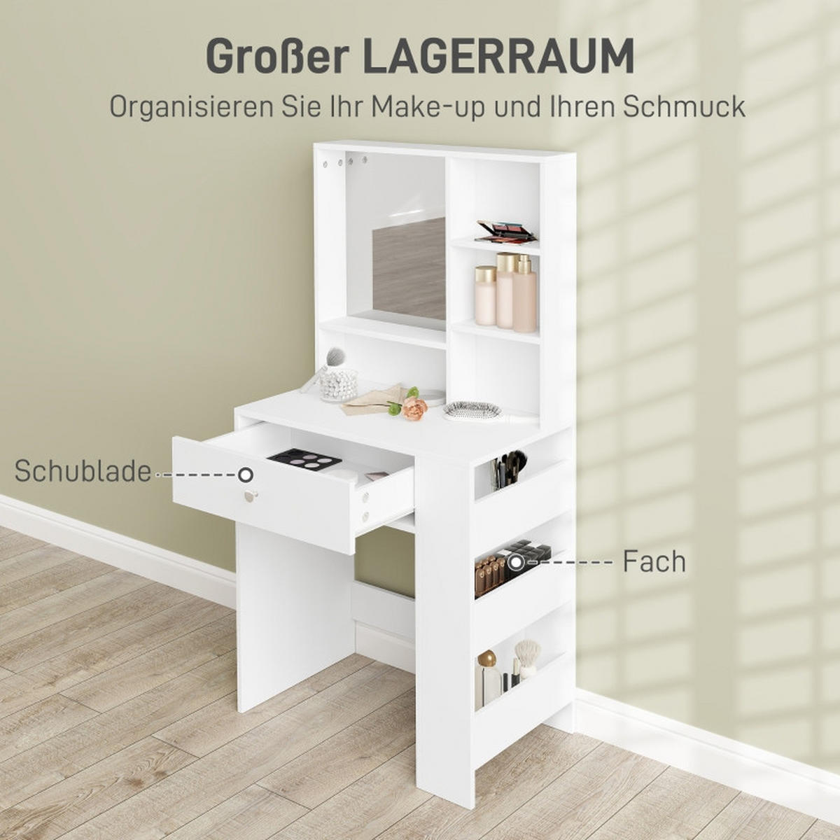 SCHMINKTISCH mit Spiegel, Schubladen und dreistufigem Seitenregal, weiß, 70 × 40 × 137 cm - Weiß, Holz (40/137/70cm) - Vallsero