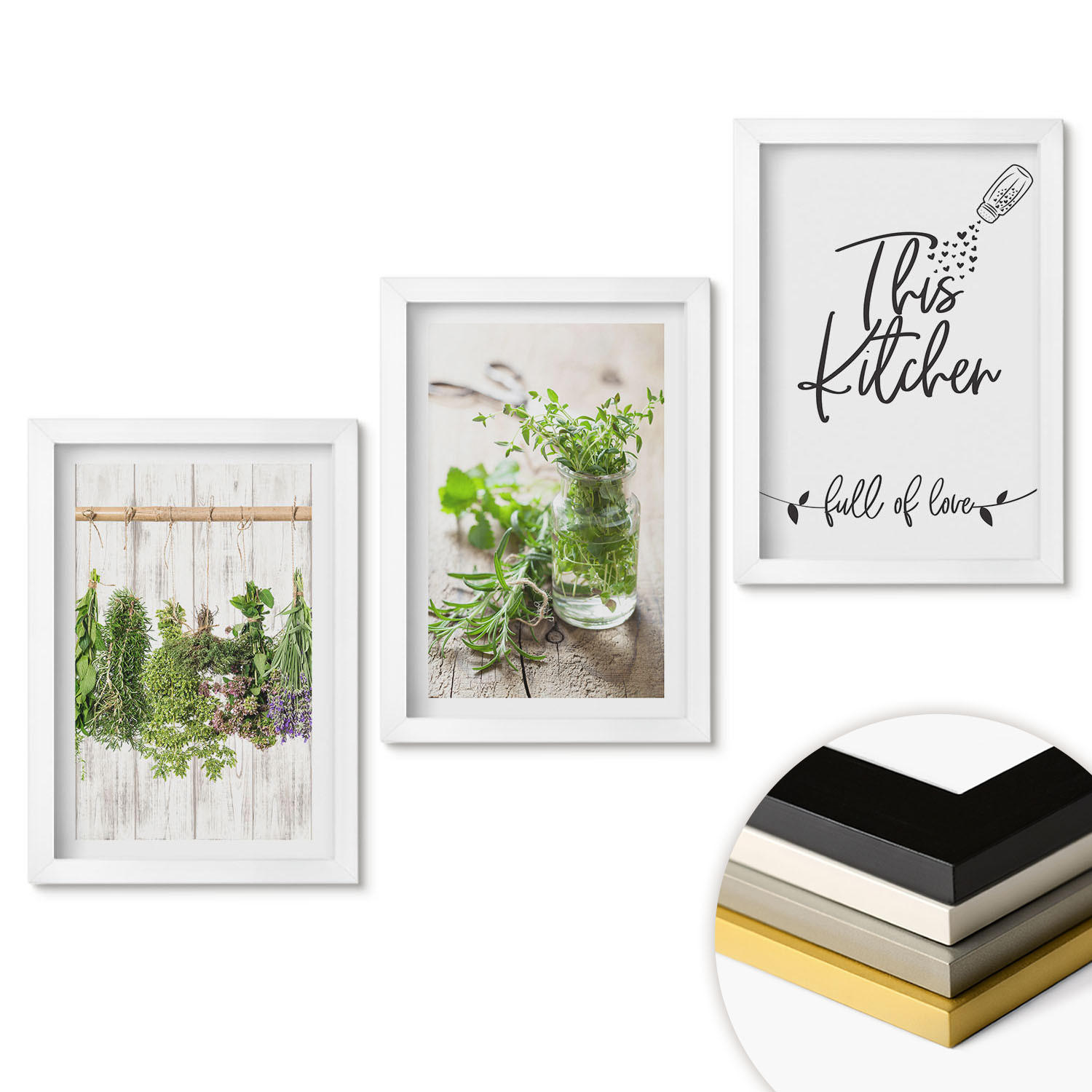 WANDBILDER 3er-Set - 20x30 cm Weißer Rahmen - Küchenthema: Getrocknete Kräuter - Weiß, Kunststoff (20/30cm) - ArtPrintCave