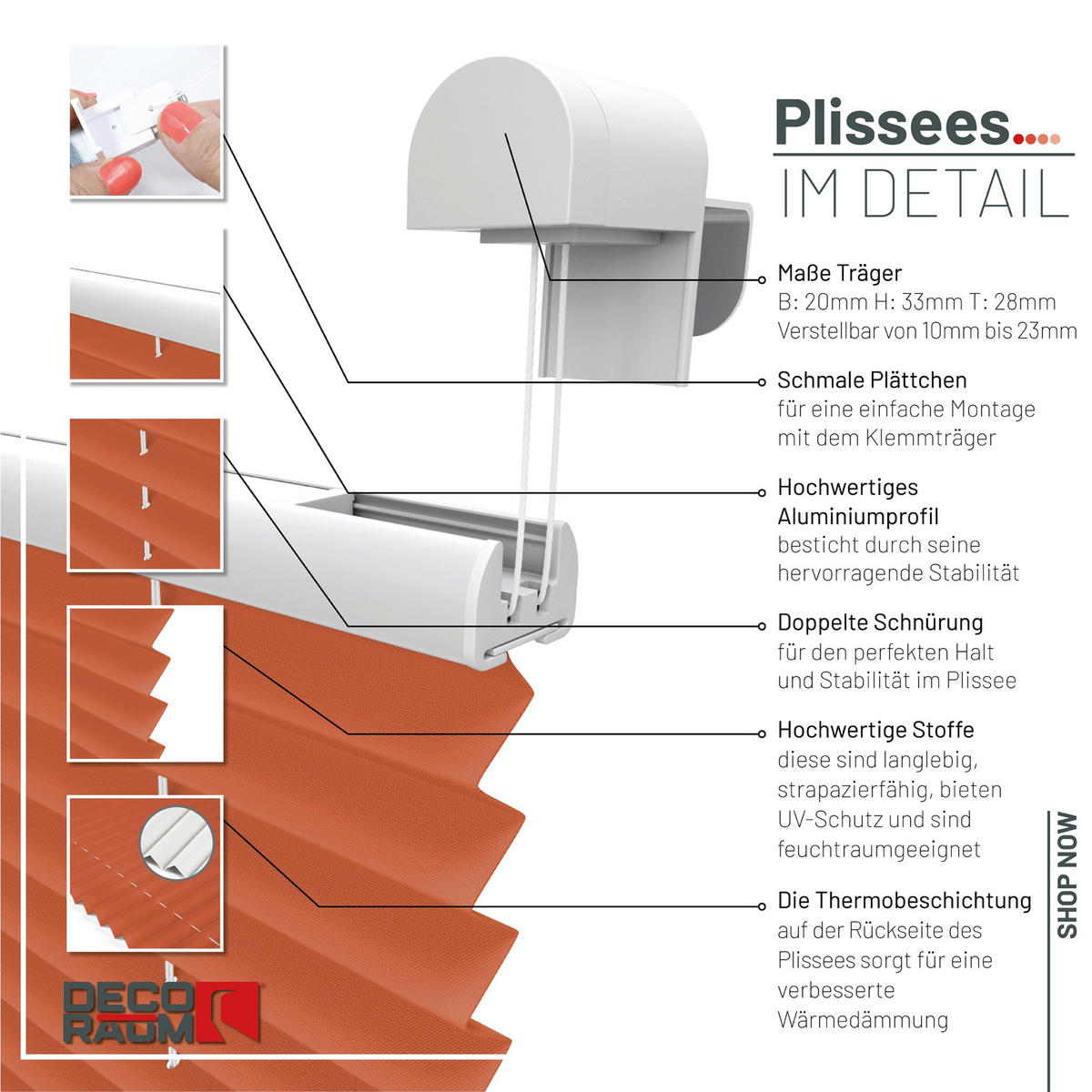 PLISSEE Thermo Basic 75 x 210cm Klemmfix ohne Bohren - Orange, Textil (75/210/210cm) - Deco-Raum