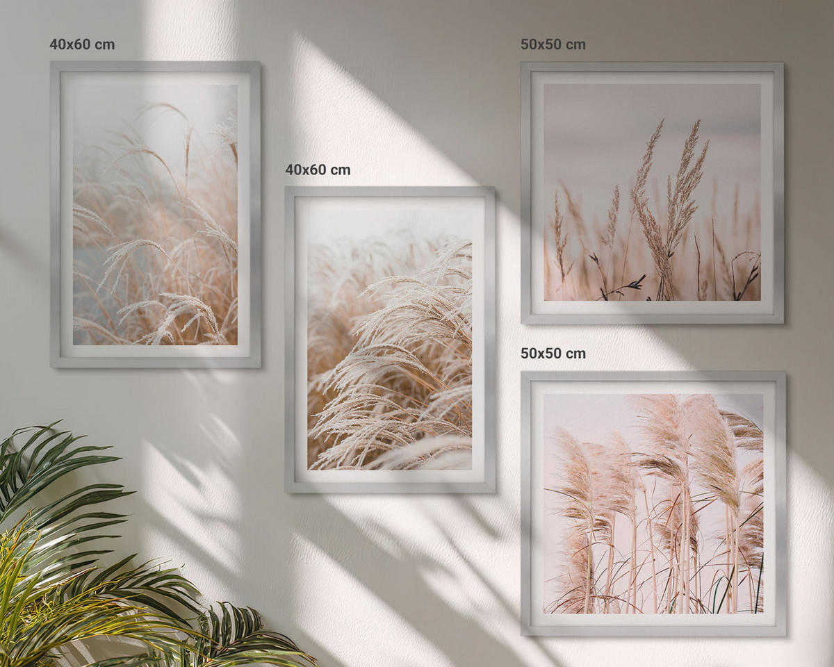 BILDER SET 4er Set - 50x50 cm & 40x60 cm Silberner Rahmen - Grasfelder in Braun- und Beigetönen - Silberfarben, Kunststoff (50/50cm) - TULUP