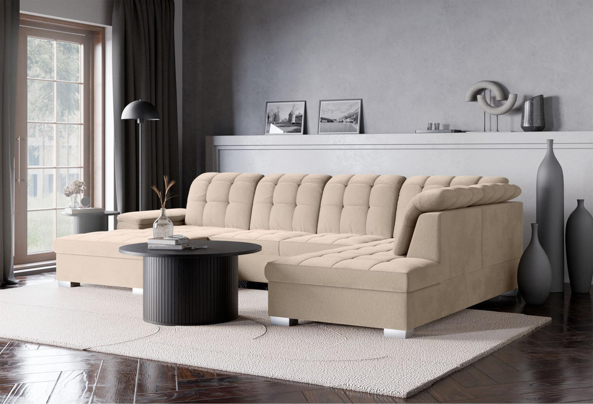 WOHNLANDSCHAFT Jamaal Beige Velours linksseitig - Beige/Schwarz, Textil (330/106/212cm) - Selsey