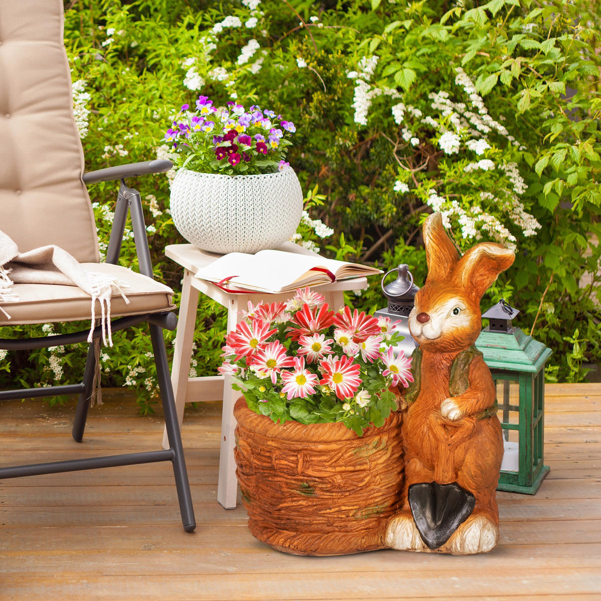 BLUMENTOPF, mit "Hase mit Weidenkorb" Design, für Garten, Wohnzimmer, MgO - Braun, Kunststoff (50cm) - Outsunny