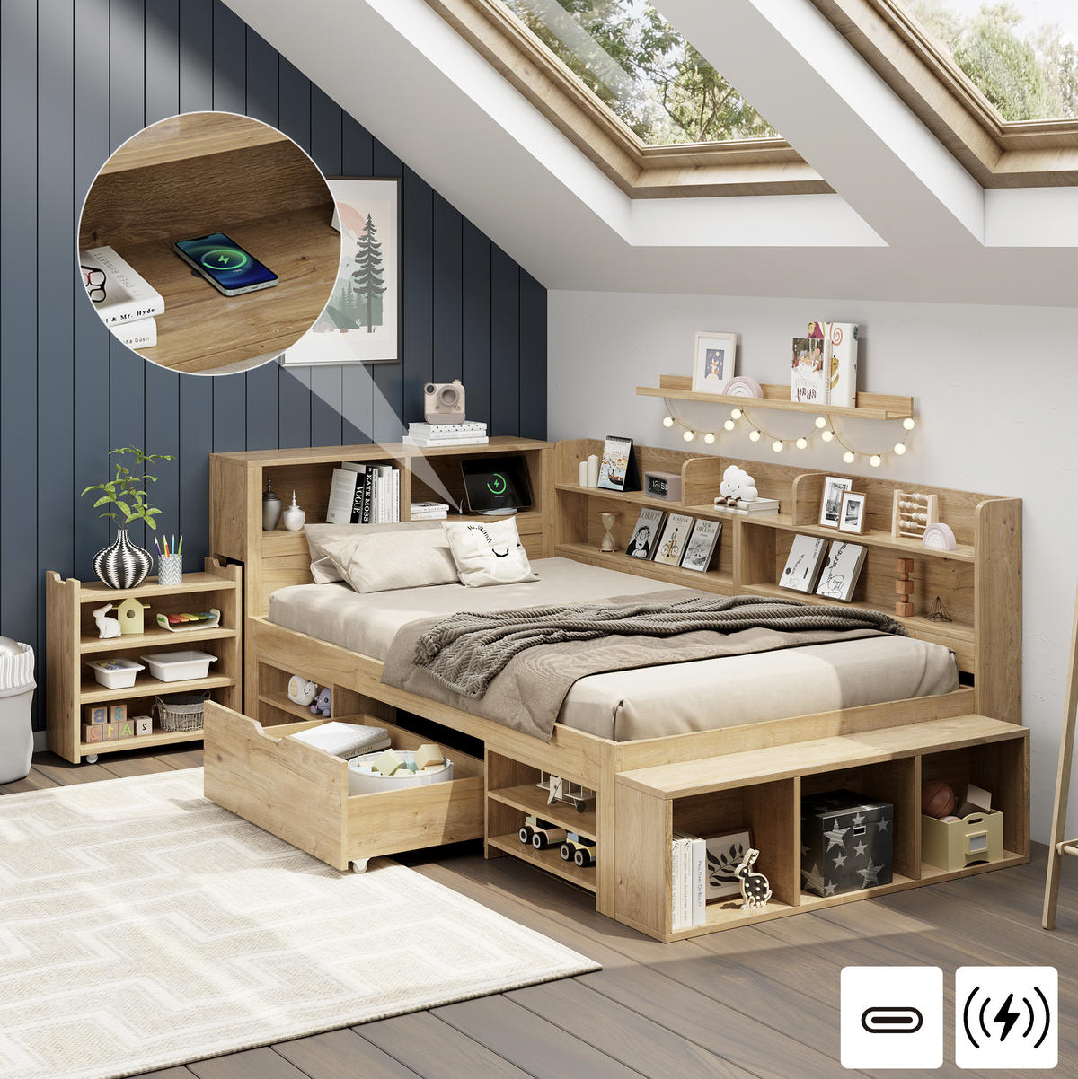 KINDERBETT 90/200 cm aus Sperrholz mit Stauraum und Regalen Natur - Naturfarben, Holzwerkstoff (90/200cm) - Modenvie