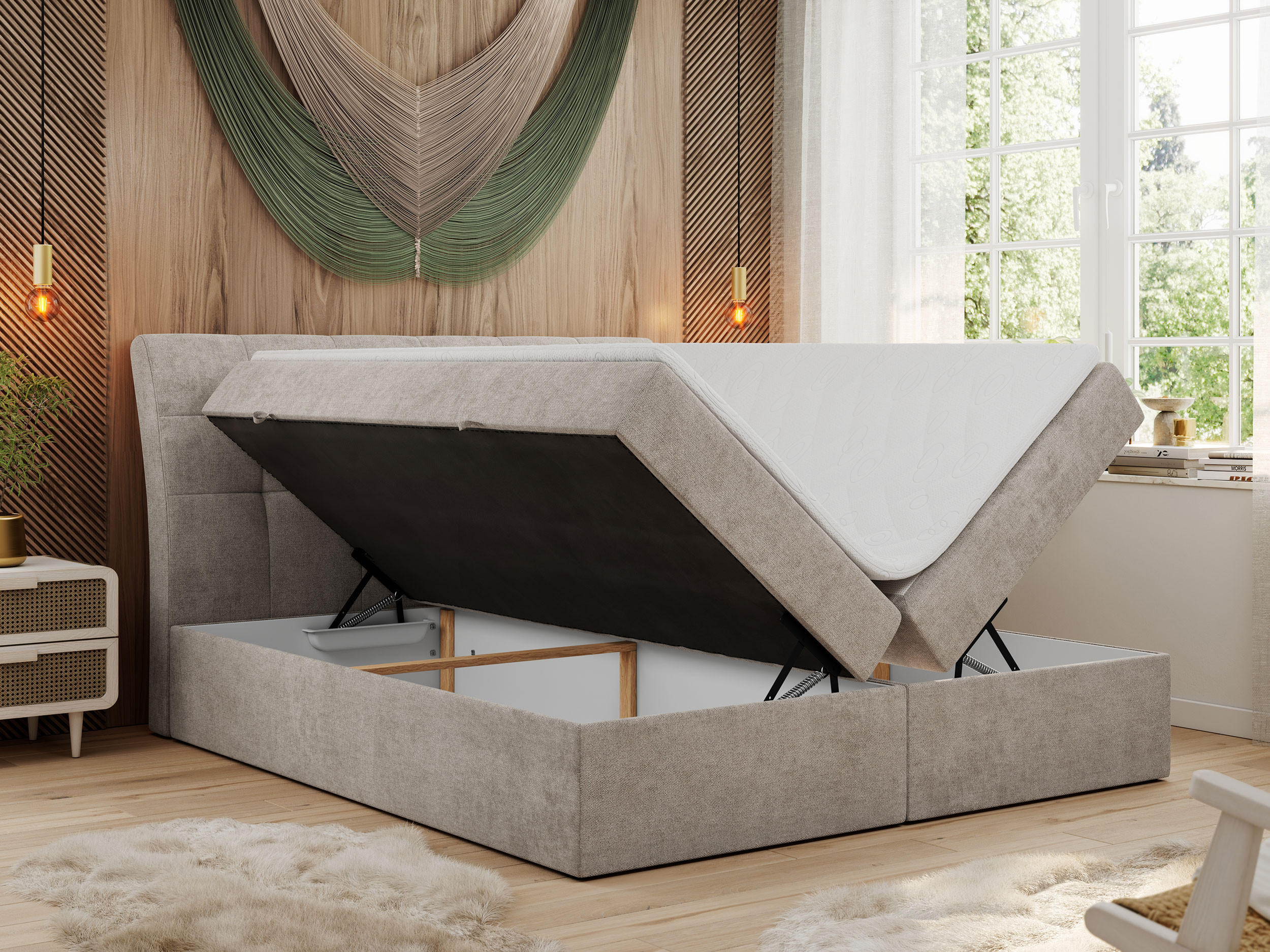 Thumbnail - MKS Boxbett, Beige, Textil, 2-Sitzer, H4, Rechteckig, 200x200 cm, Schlafzimmer, Betten, Boxspringbetten